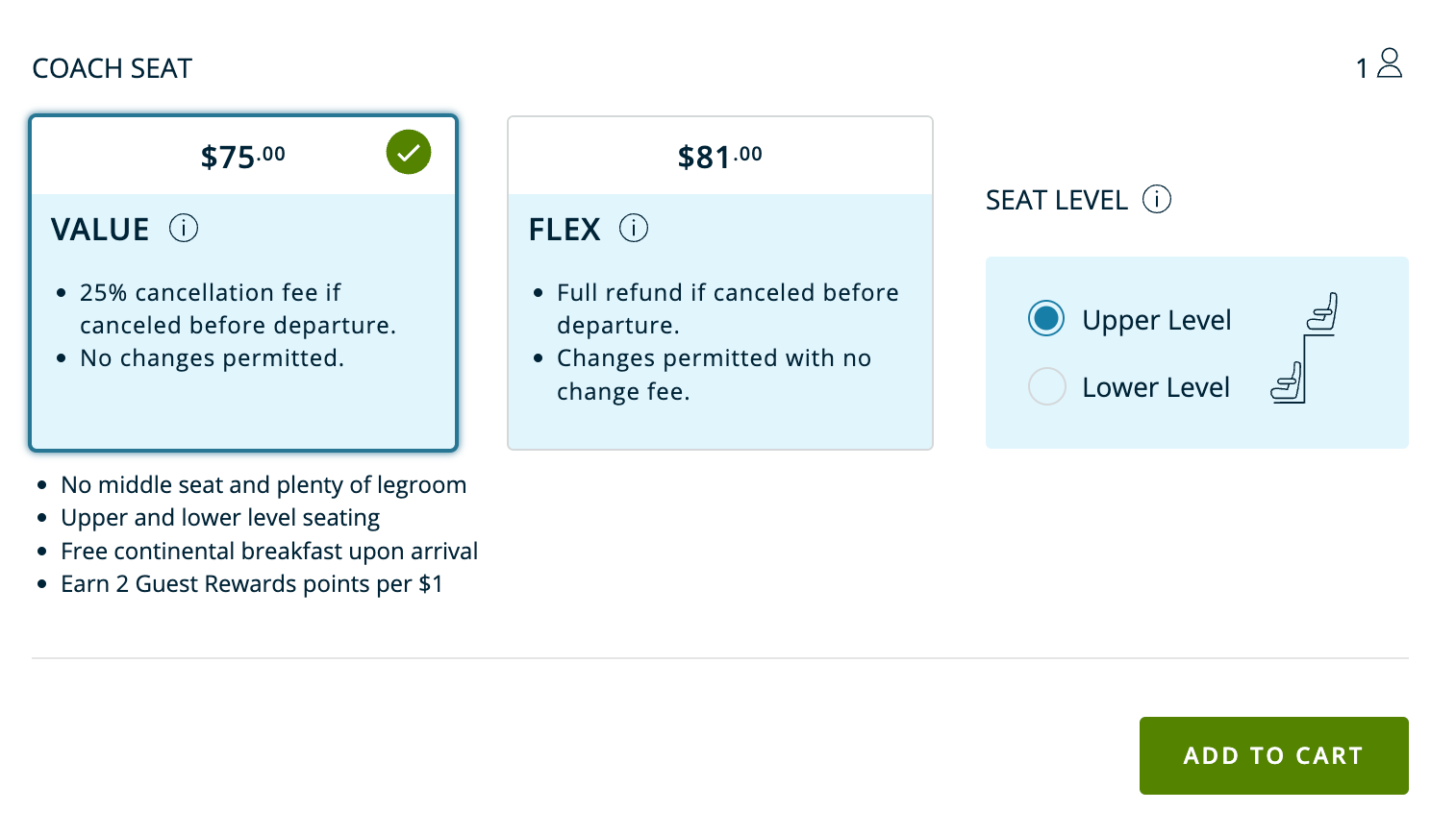 Screenshot of Amtrak fare prices for the different tiers of tickets